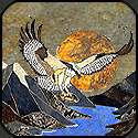Mosaic osprey with mountain scenery made from all natural stone.